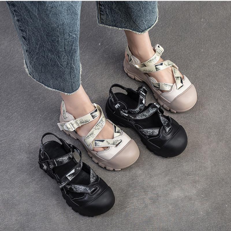Johnature Leisure Thick Sole Round Toe Sandals Breathable Shallow Hook& Loop Casual Women's Shoes