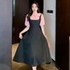 French Style Temperament Splicing Button Contrasting Dress Fake Two Pieces Age-reducing Design Waist A-shaped Long Dress Women's Summer