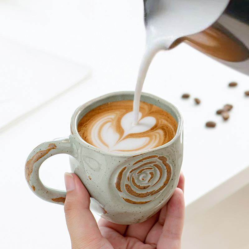Japanese-style Mug Coarse Pottery Retro Coffee Cup Handmade Relief Rose Ceramic Cup Milk Breakfast Teacup Drinking Utensils Gift
