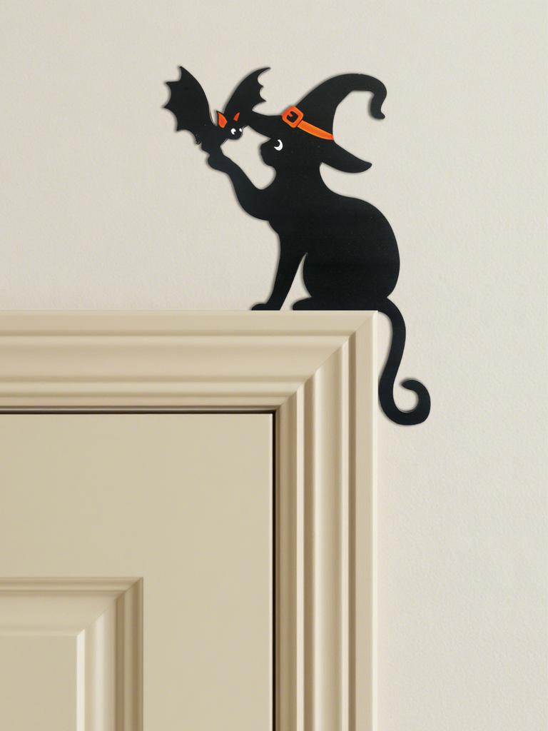 Halloween Black Cat Door Topper Decor, Witch Hat & Bat Design, Wooden Door Frame Ornament for Home, Spooky Party & Haunted House
