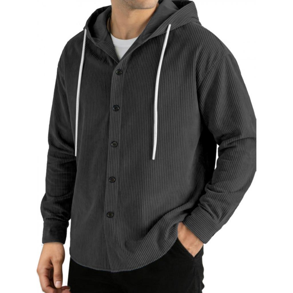 Men's Casual Loose Fit Button Front Hooded Cardigan Long Sleeve Top