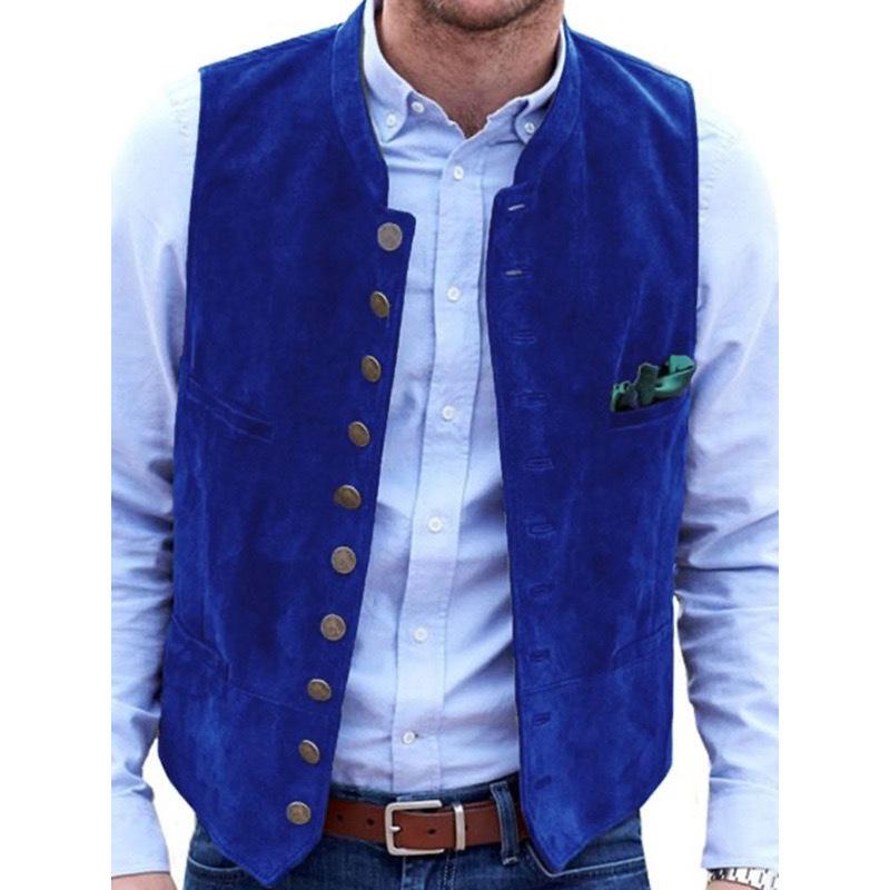 Men's Suede Vest with Multiple Pockets, Stand Collar, Casual Business Vest In Brown, Black, Wine Red, Blue, Olive Green