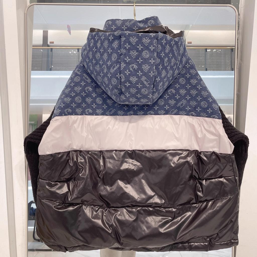 New Trendy Brand Denim Splicing Hooded Down Jacket Women's Knitted Sleeves Letter Flower Thickened White Duck Down Jacket