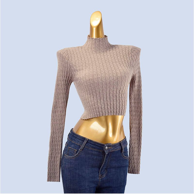 High-Grade Knit Women Half-high Collar Base Inner wear Spring and Autumn Twist Sweater Slim fit Sunken Stripe High Waist Short