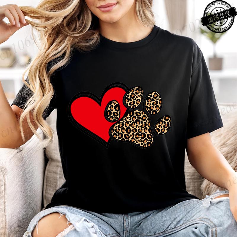Summer T-shirt Fashion Heart Dogs Paw Print Casual Tops Colorful Heart Paws Printed Tops Cartoon Graphic Printed Tees Black Tops