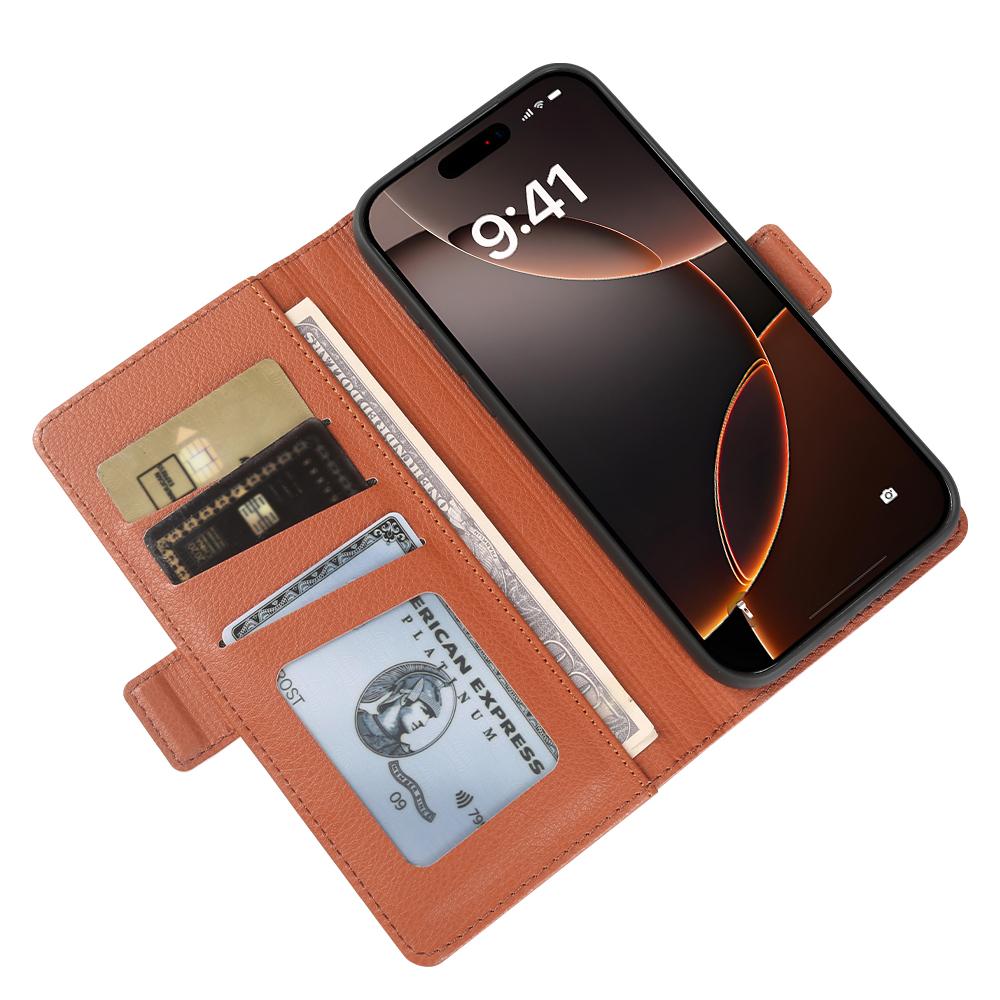 For iPhone 16 Pro Max Wallet Case with Dual Magnetic Clasp Litchi Textured Leather Flip Stand Phone Cover