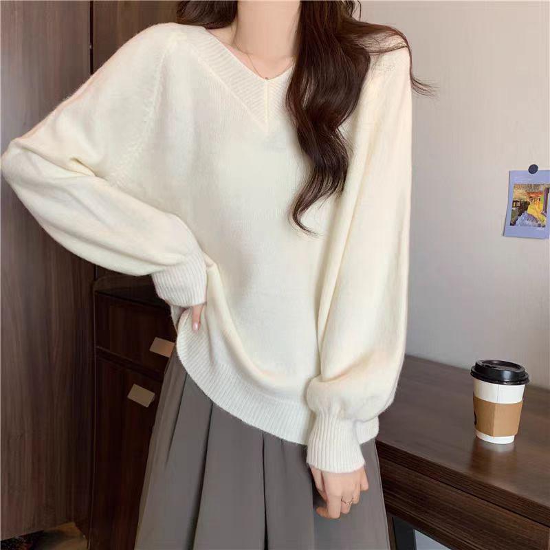 Women's Lazy Style V-Neck Pink Knitted Pullover Sweater - New Design for Autumn/Winter