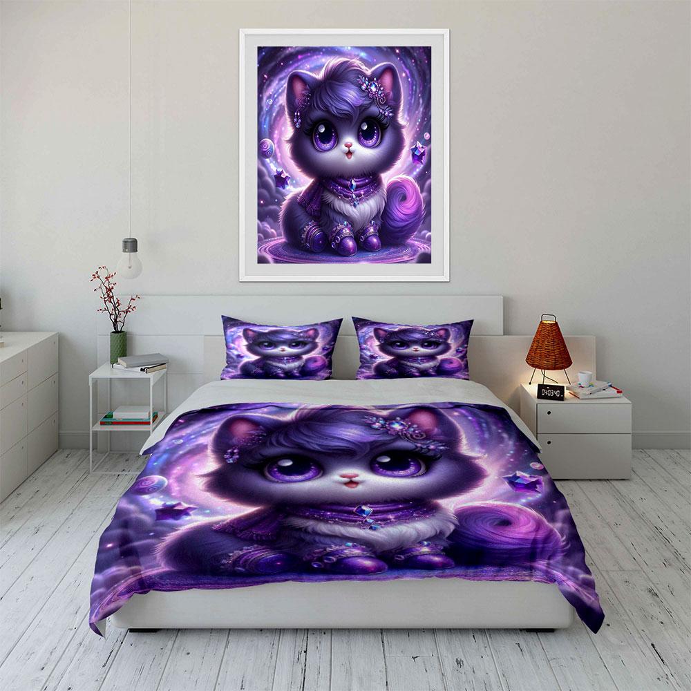 Purple Cosmic Pet With Floating Gems Duvet Cover Set With 3D Printing Design Soft Polyester Bedding Set All-Season Comfort