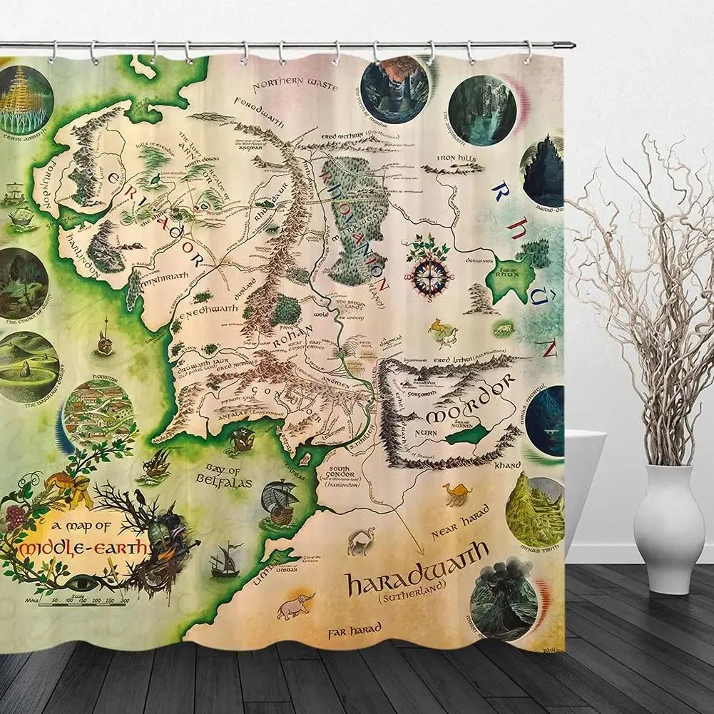 Midden-aarde Kaart Douchegordijn Bergen Vintage Kaart Badkamer Gordijnen Schatkaart Douchegordijn Waterdicht Badkamer Decoratie