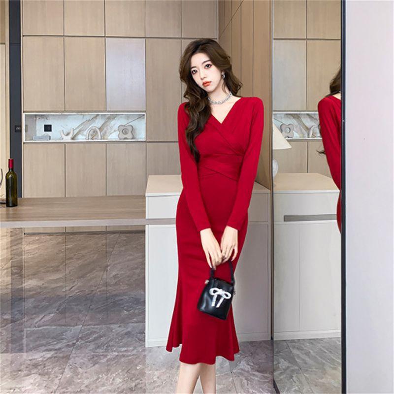 Pure desire style red chest long-sleeved dress women's clothing autumn and winter design sense slim temperament inner hip-wrapped dress