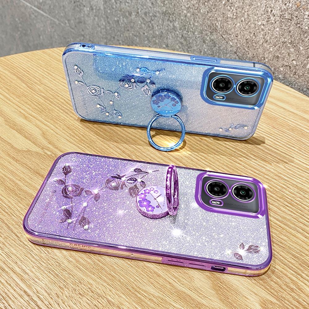 KADEM For Motorola Moto G85 5G/S50 Neo 5G Case Ring Kickstand TPU Flowers Phone Cover Gradient Glitter