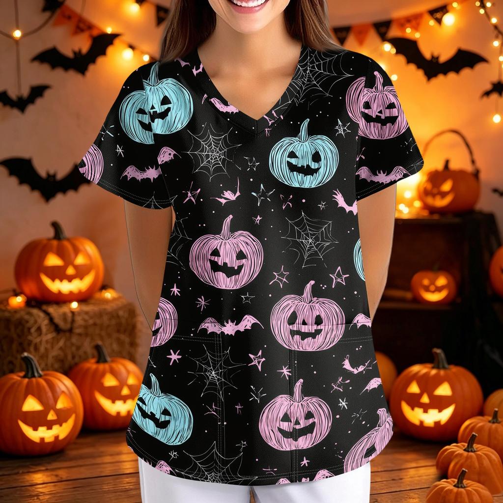 Women Halloween Print Loose V Neck Short Sleeve Medical Scrub Top Nurse Uniform with Pockets Comfortable Fit Professional Workwear