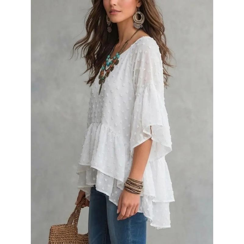 Women S Bohemian Style Chiffon Shirt Loose Round Neck Flared Sleeve Irregular Hem Top