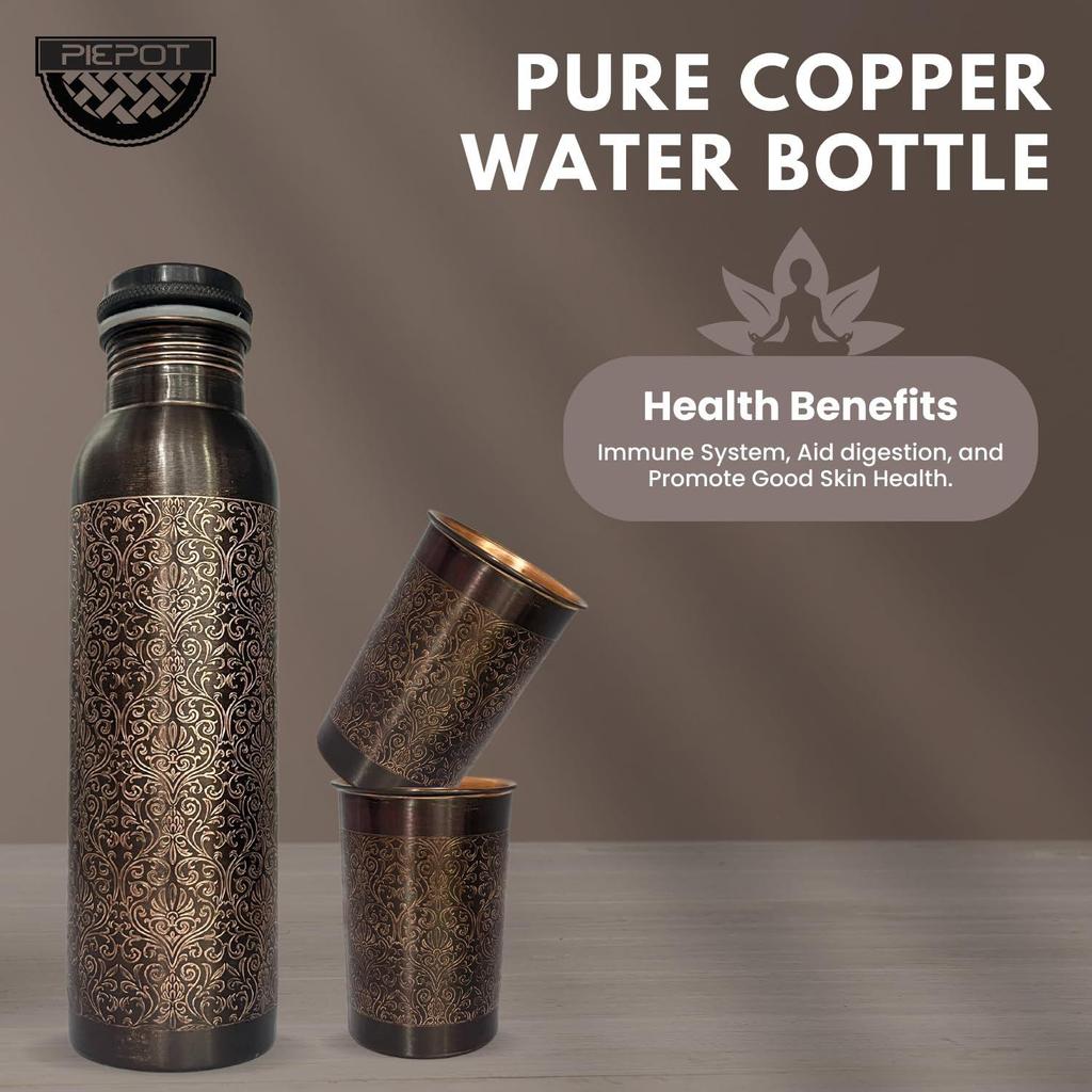 Copper Water Bottle 1 Ltr | Copper Water Bottle with Glass Set | Meena Work | 100% Pure | Leak-Proof | 2 Water Glass 300ml each