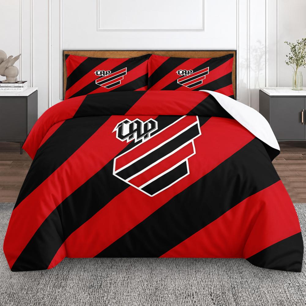 Athletico Paranaense CAP Crest 3 Piece Bedding Set, Red Black Striped Soccer Duvet Cover Set for Brazilian Football Fan Bedroom