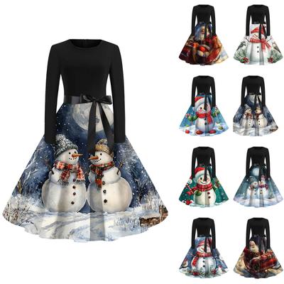 Ausgestelltes Kleid mit Weihnachtsdruck für Damen, langärmelig, hohl, Party, Freizeitkleider