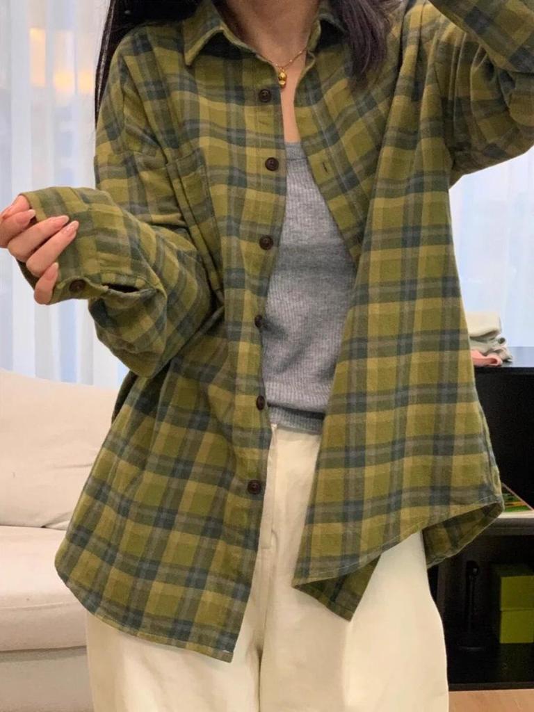 Women’s Retro Green Plaid Shirt Jacket - Korean Style, Loose Fit, Casual Long Sleeve for Spring and Autumn