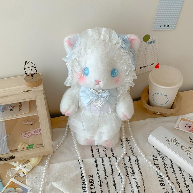 Lolita Plüsch Hasen Tasche mit Schleife, Perlenkette und Herz Design - Süße Girly Umhängetasche