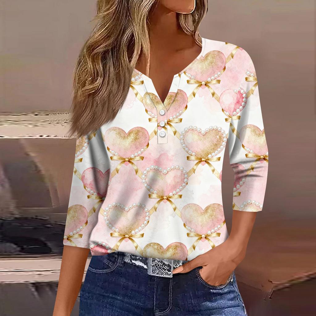 Women's Fashion Button-Up V-Neck Three-Quarter Sleeve Valentine's Day Print Top