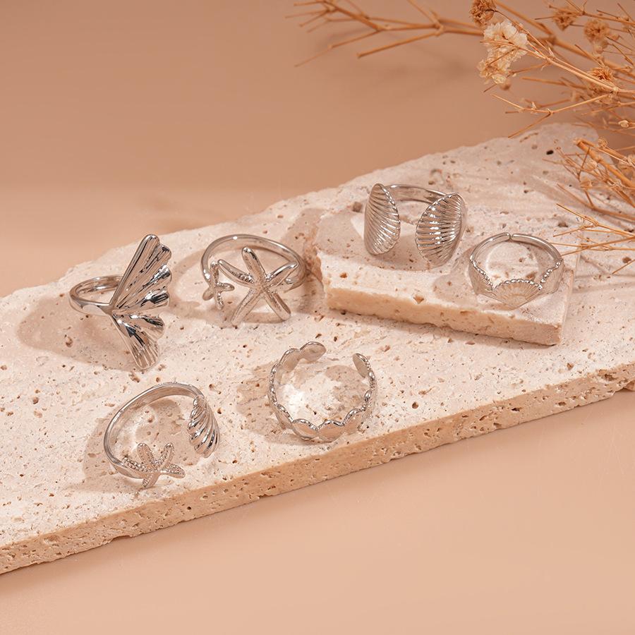 

Six-piece set of metal irregular geometric starfish shell open ring seaside vacation style niche jewelry