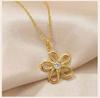 French Vintage Flower Necklace Zircon Stainless Steel Gold Color Hollow Floral Pendant Necklace for Women Non-Tarnish Jewelry