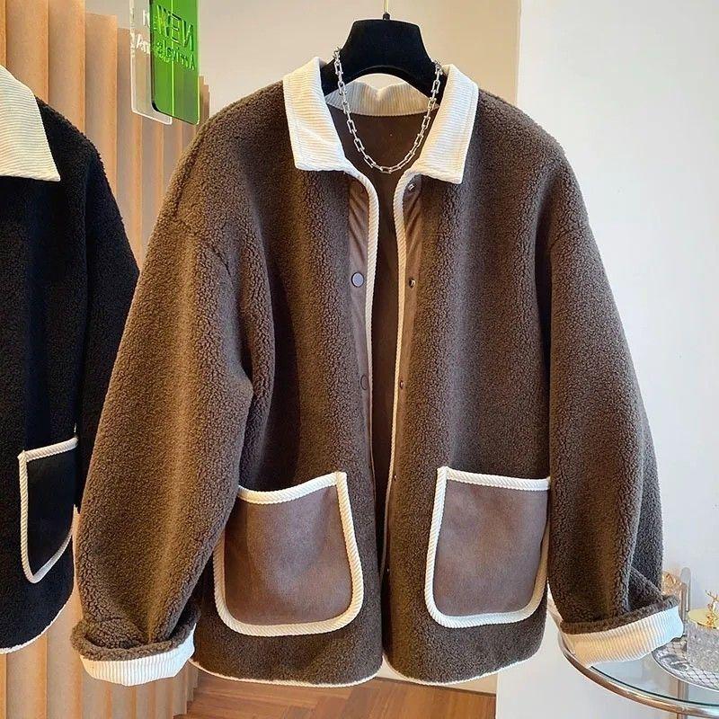 Dámský zimní kabát z jehněčí vlny v korejském stylu - Volný, zeštíhlující, silný, hřejivý, nadměrná velikost, patchworkový design