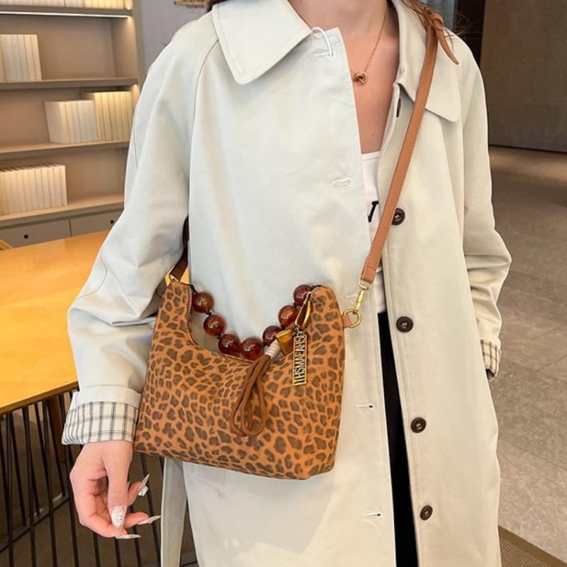 New Super Popular Niche Leopard Print Shoulder Bag for Women  High Quality Versatile Pearl Chain Crossbody Bags for Women