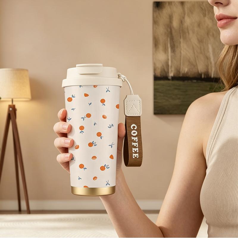Coffee Mug 532ml Orange Slice Element Lanyard Insulated Cup Beach Cup Commute Coffee Cup Handheld Cup Stainless Insulated Cup Coffee Mug 532ml