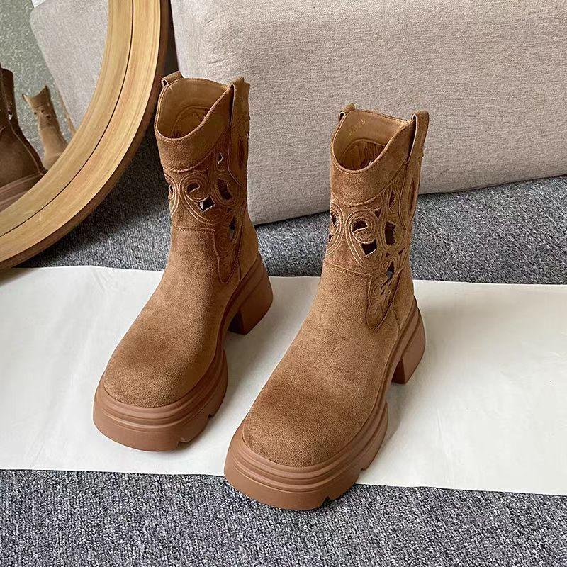 Fashion Retro Round Toe Hollow Women's Half High Boots Comfortable and Elegant Chic Sale New Rock Cosplay 2025 Y2k Ladies Mid Calf Shoes