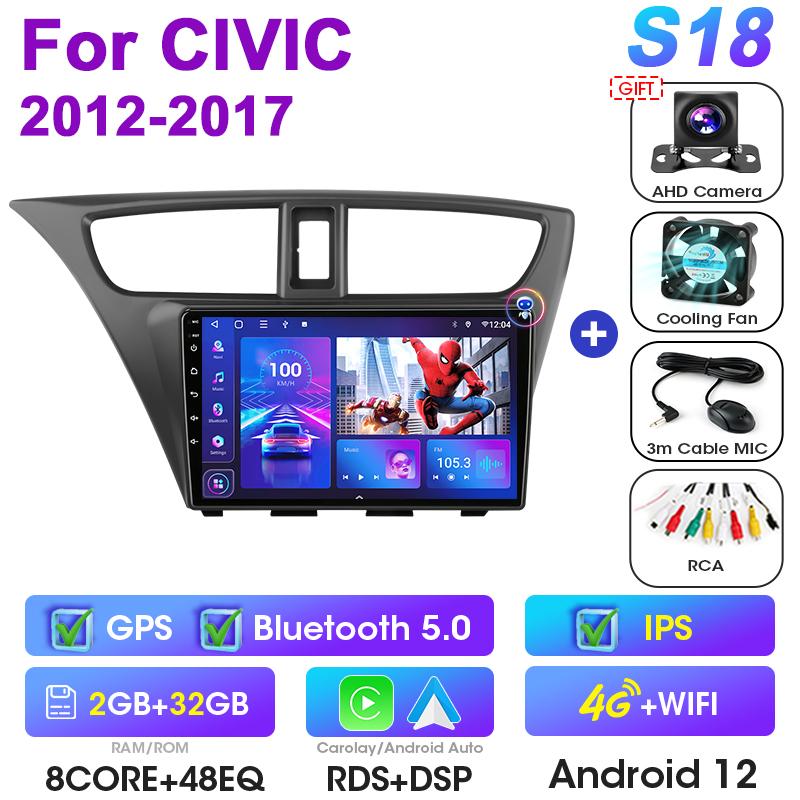 2 Din Android 12 Car Radio For Honda CIVIC Hatchback 2012 -2017 Multimedia Video Player GPS 4G Carplay Auto Stereo RDS Head Unit