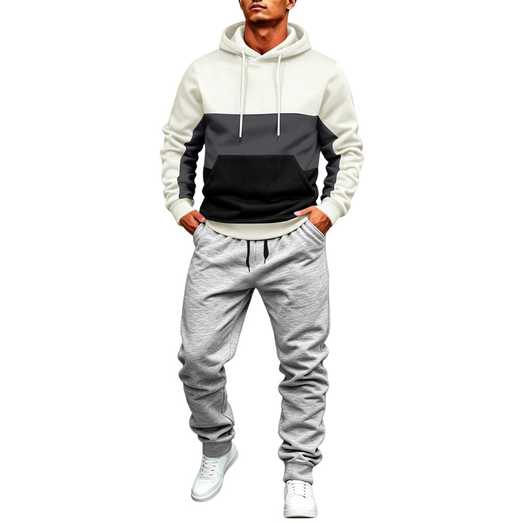 Men's Color Block Hoodie and Jogger Pants Set - Casual Winter Tracksuit