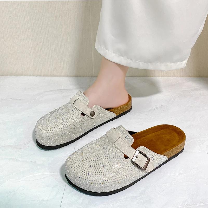 fashion Women Crystal Mules Shoes Flats Slippers 2024 Autumn Designer New Fashion Walking Casual Shoes Cozy Trend Dress Mujer Zapatos