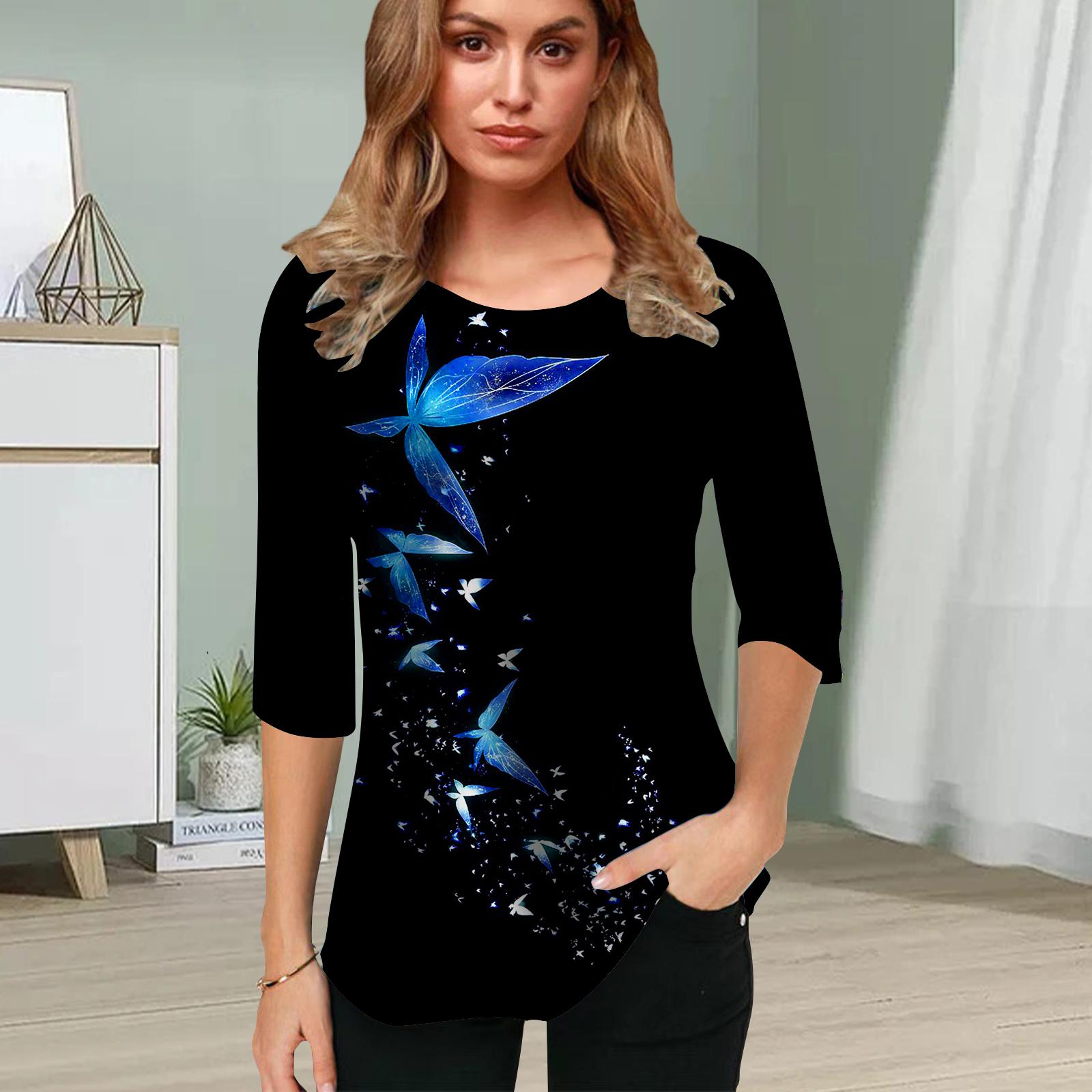 

Женская блузка с принтом бабочки глубокого синего цвета, цветочные топы с коротким рукавом, летние повседневные топы с круглым вырезом и коротким рукавом, футболка с принтом 8XL