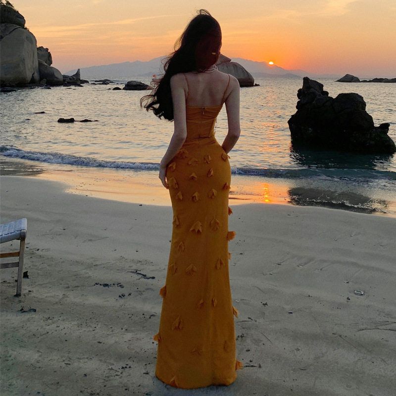 

Unique and Beautiful Seaside Resort Style Suspender Dress, Birthday Party Dress, High-End Mesh Backless Dress Yellow S