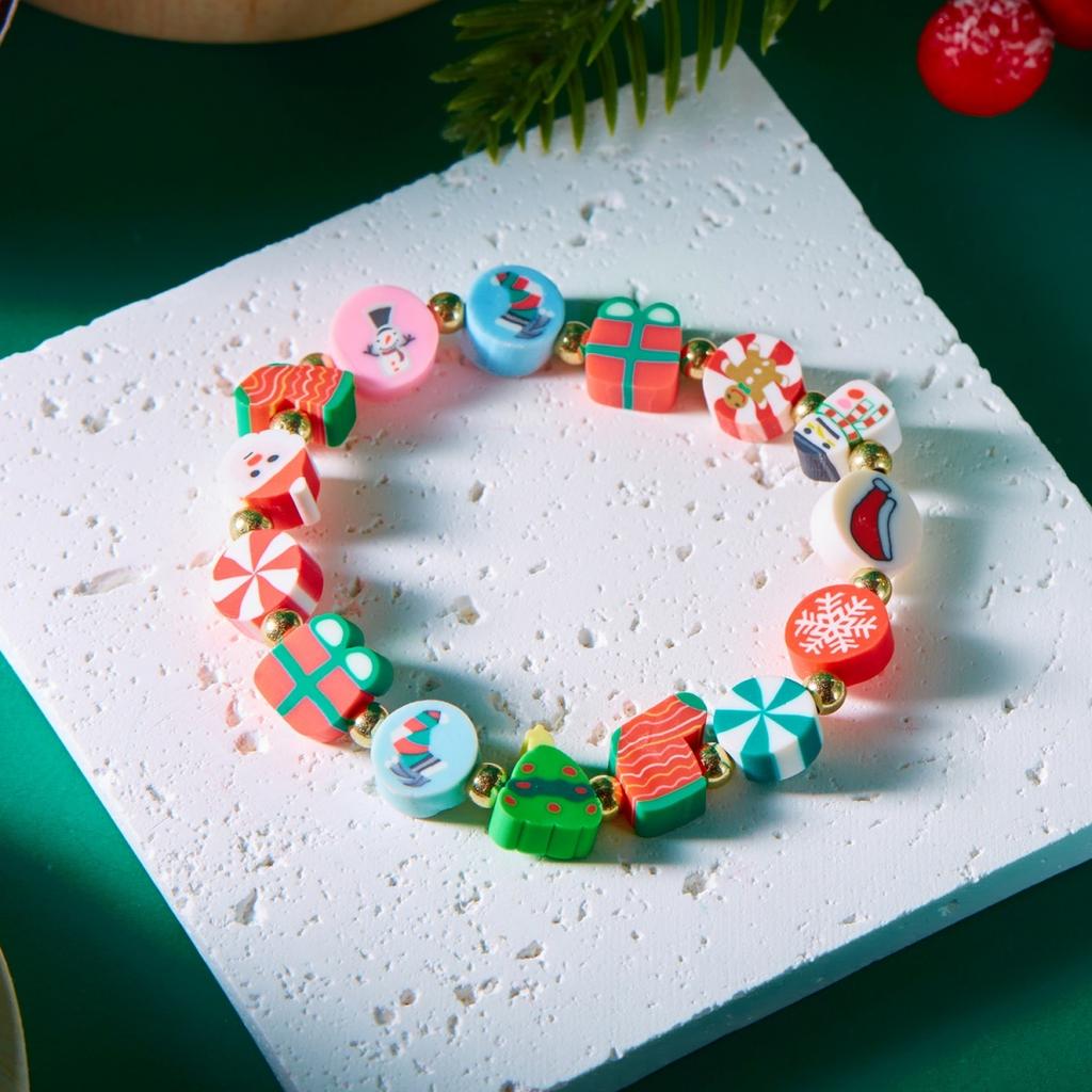 Christmas Santa Claus Snowman Snowflake Tree Soft Clay Beaded Bracelet Gift Box Candy Deer Pattern Bangle For Women Men Jewelry
