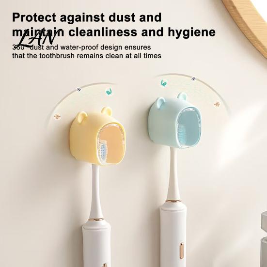 Waterproof Brush Holder Cute Bear Wall Mounted Toothbrush with Dustproof Flip Cover, Single Bathroom Decor Dispenser Storage Organizer, Drill-free