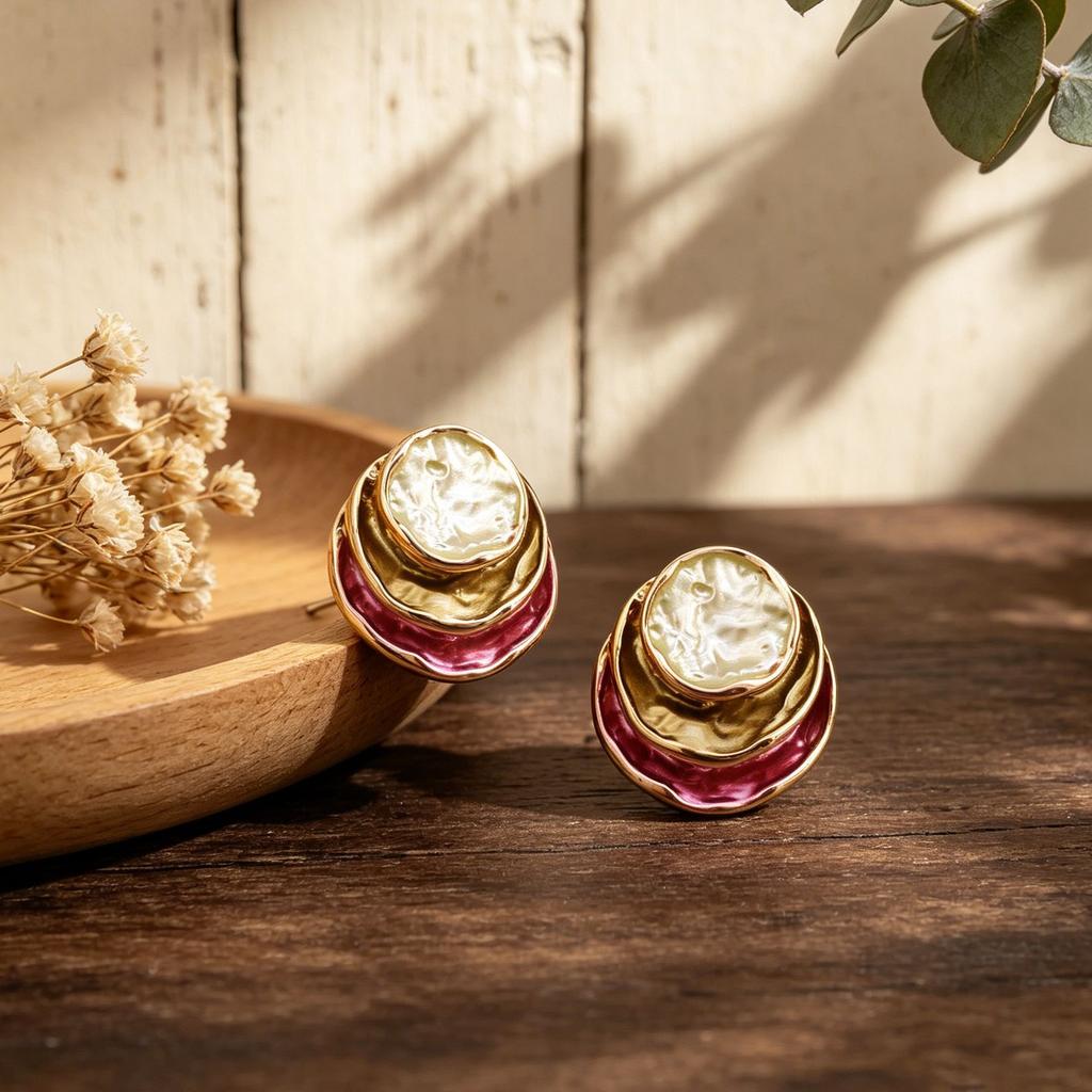 Explosive hand-painted enamel color three-layer round cake stud earrings light luxury simple light luxury high-end women's temperament earrings