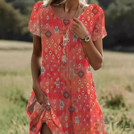 Lady Summer Dress Tečkovaný potisk Posádkový výstřih Krátké rukávy A-Line Volný Etnický styl Velký lem Denní nošení Volný čas Midi šaty