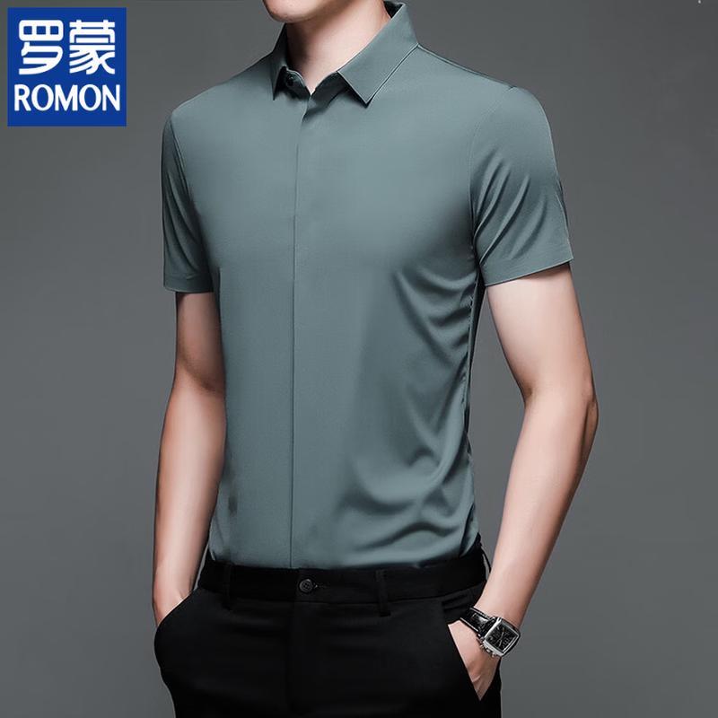 ROMON Men s Casual Solid Short Sleeve Ice Silk Shirt 2XL