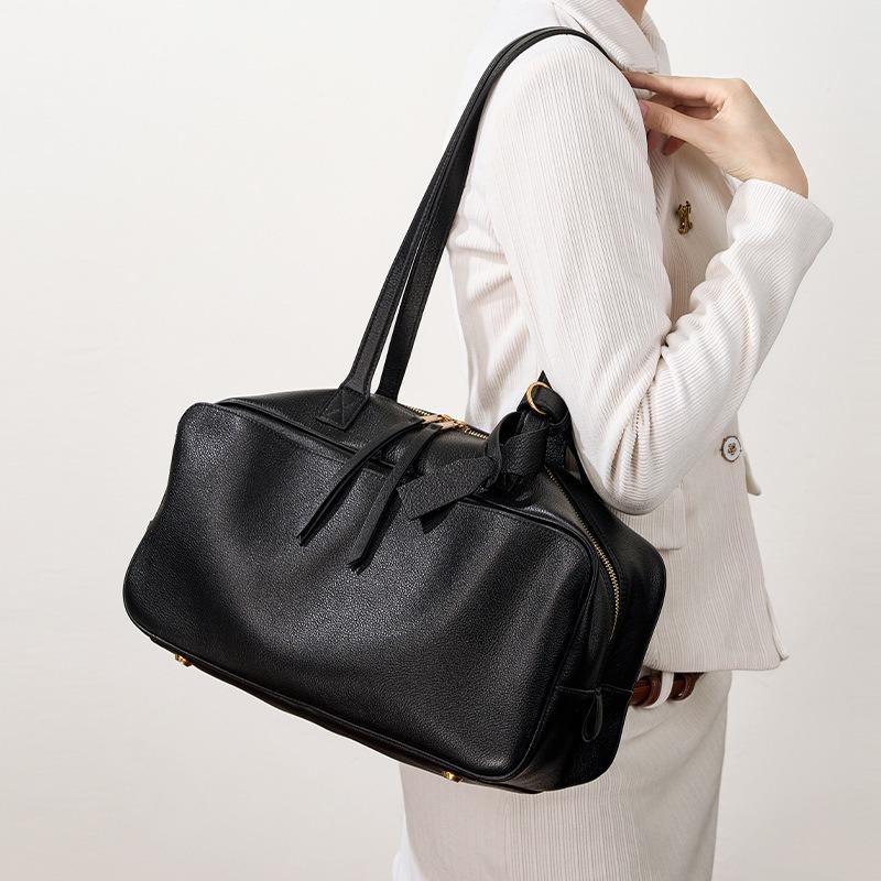 Bowling Bag for Women Retro Casual Large-capacity Genuine Leather Single-shoulder Bag