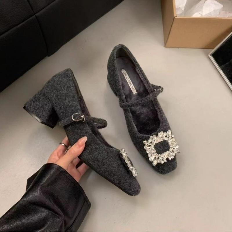 Fashion Thick Heel Single Shoes Women's Commute Shallow Mouth Rhinestone Not Tired Thick Heel Shoes Womens Shoes Zapatos De Mujer