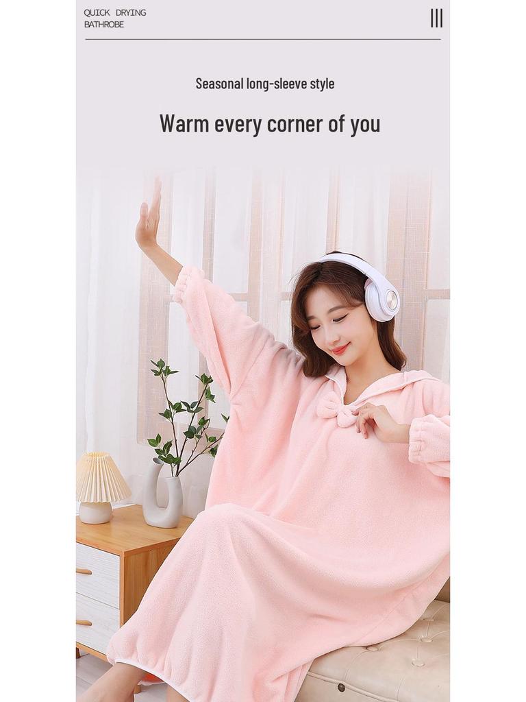 Women's Thickened Winter Hooded Bathrobe - Absorbent Coral Fleece Bath Towel with Long Sleeves and Bath Skirt