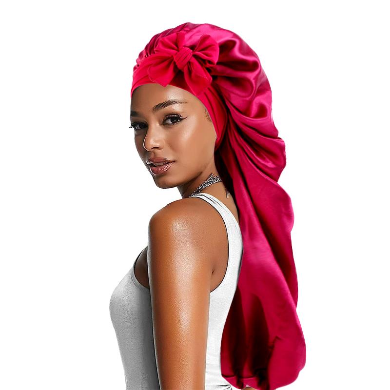 Solid Color Bowknot Braid Bonnet Classic Long Satin Bonnets Soft Sleeping Night Cap Breathable Hair Bonnets For Women Daily Use