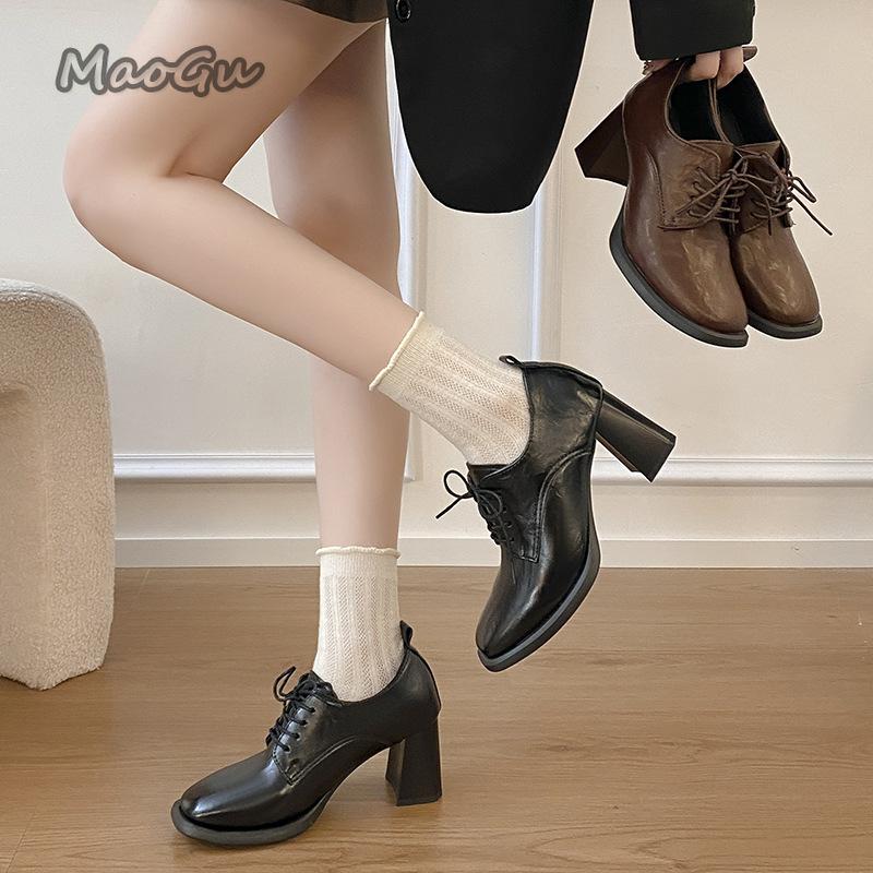 Fashion Soft Leather Retro Lace Up Single Shoes for Women 2025 Spring Autumn Square Toe Pumps French Thick High Heels for Women Footwear