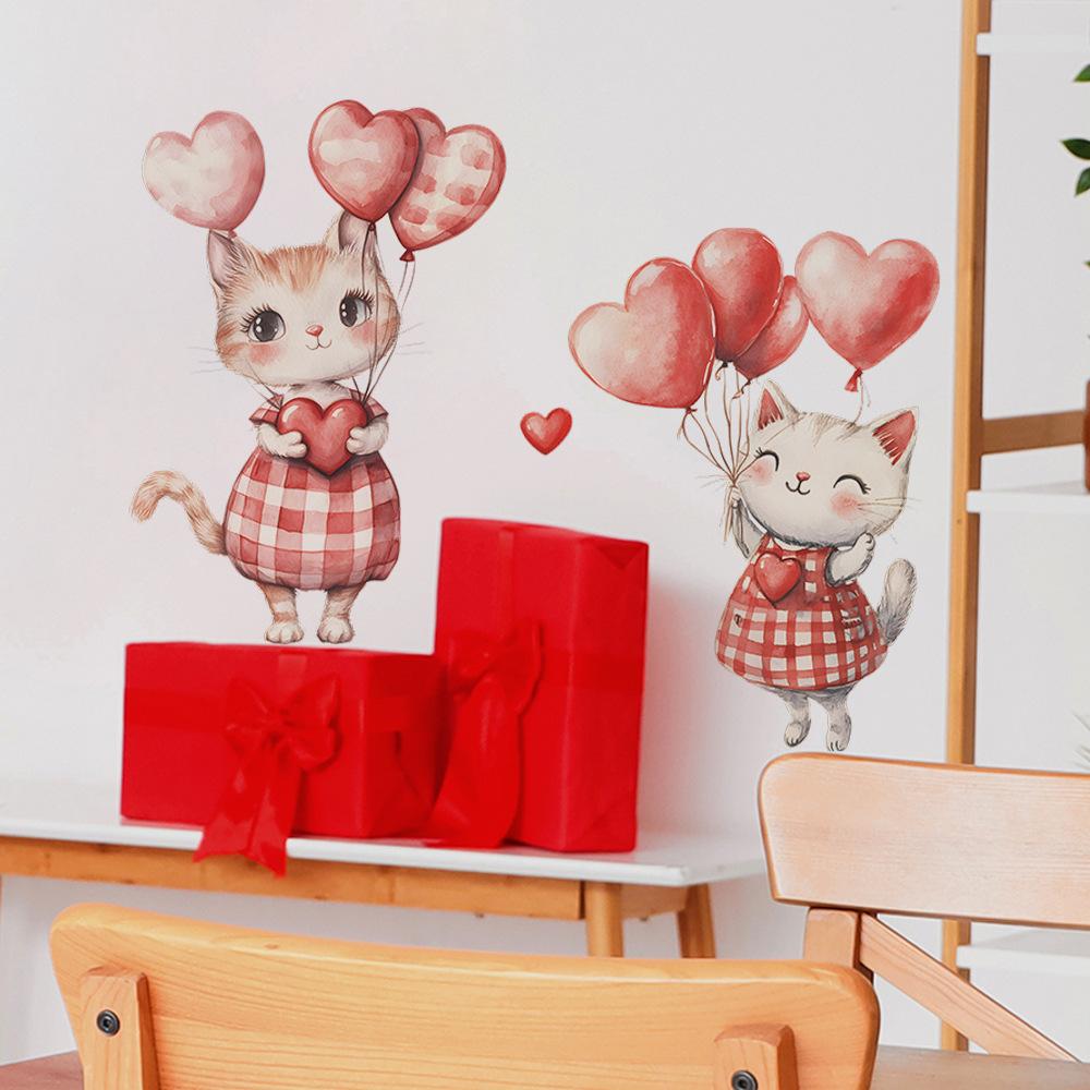 Cartoon Cute Little Cat Heart Balloon Bedroom Living Room Entrance Hall Home Background Beautification Wall Stickers