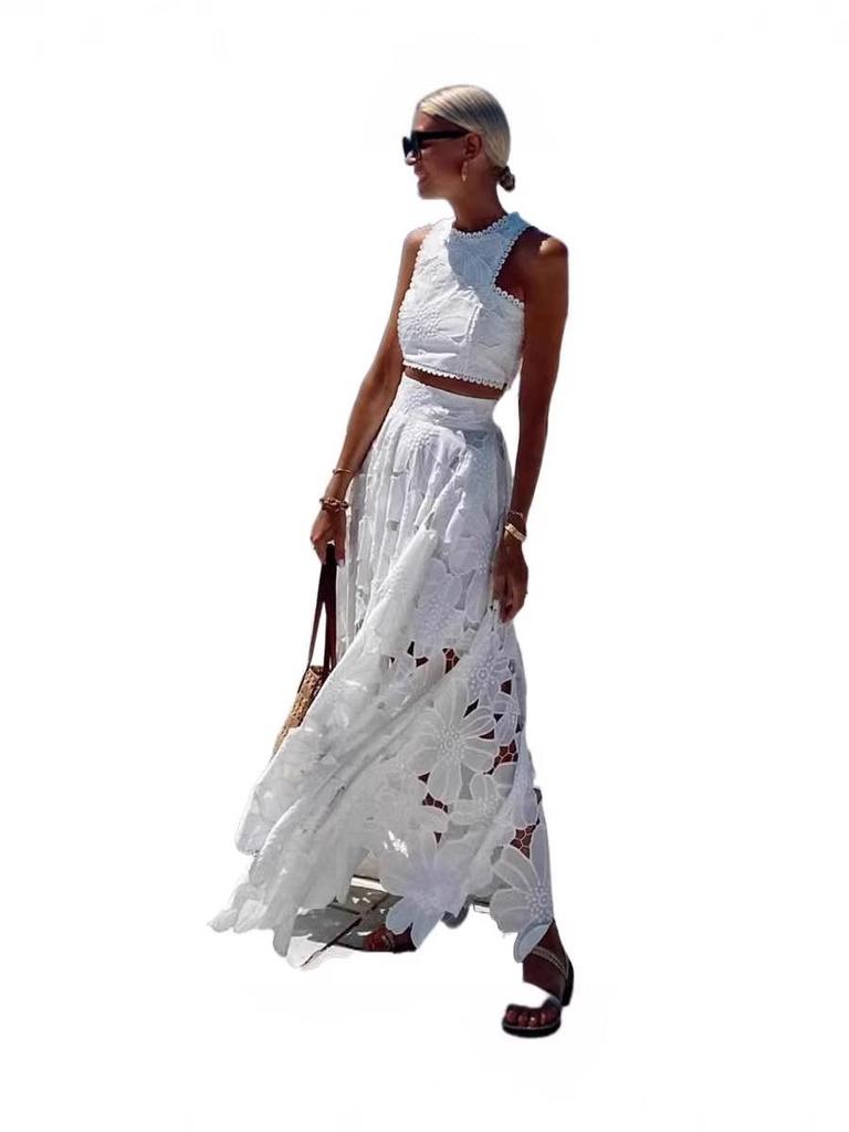 European & American Casual Lace Hollow Out Vest & Skirt Two-Piece Set