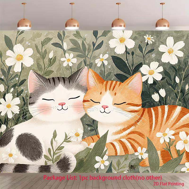2D Cute Cats Floral Backdrop, Green Garden Photography Background 47.2x31.5inch/120*80cm
