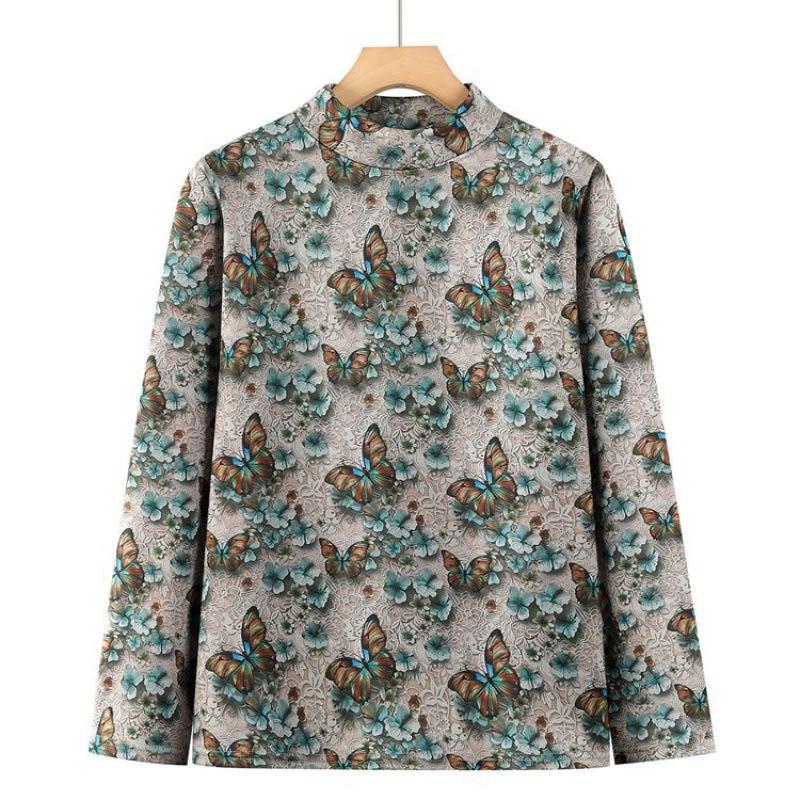 Autumn and Winter Long-sleeved Semi-turtleneck German Velvet Bottoming Shirt for the Elderly Velvet Underwear Floral Warm Autumn Clothes