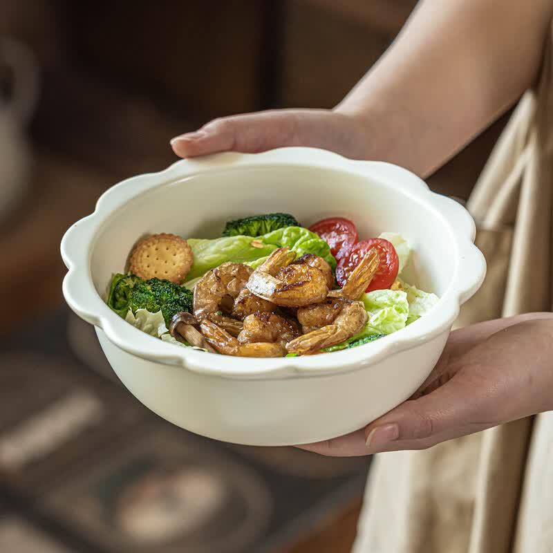 Cream Style Ruffled Ceramic Noodle Bowl