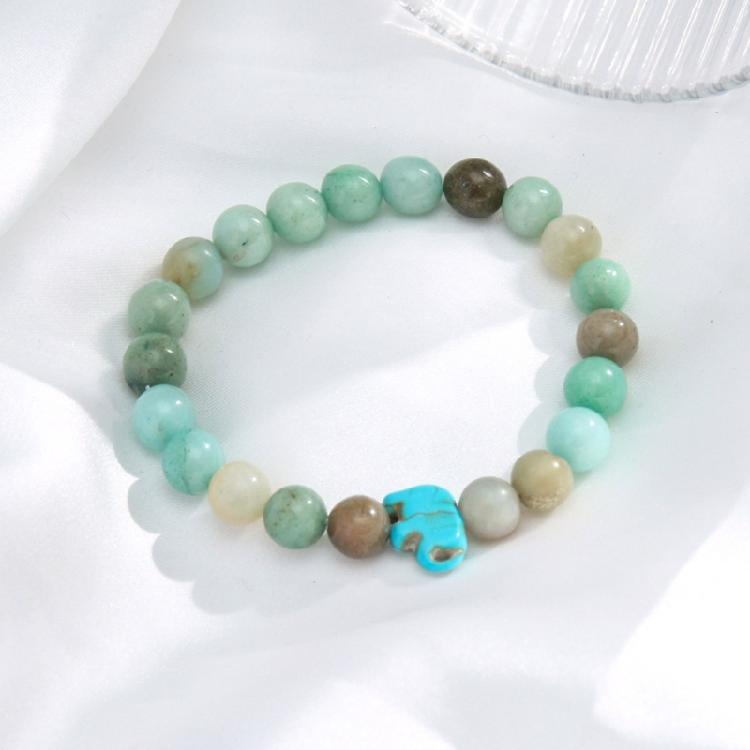 8MM Round Gemstones Bracelet With Turquoise Accent And Elephant Charm Perfect For Adding A Natural Touch To Outfits